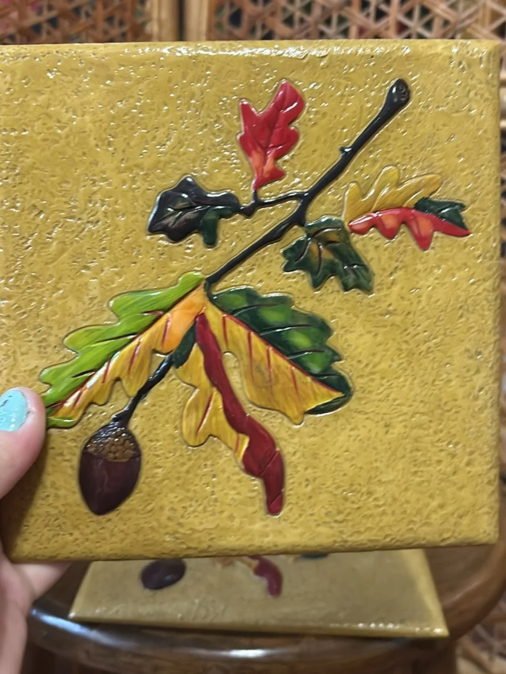 Autumn Oak Leaf Ceramic Wall Tile - Yellow, Green, Red